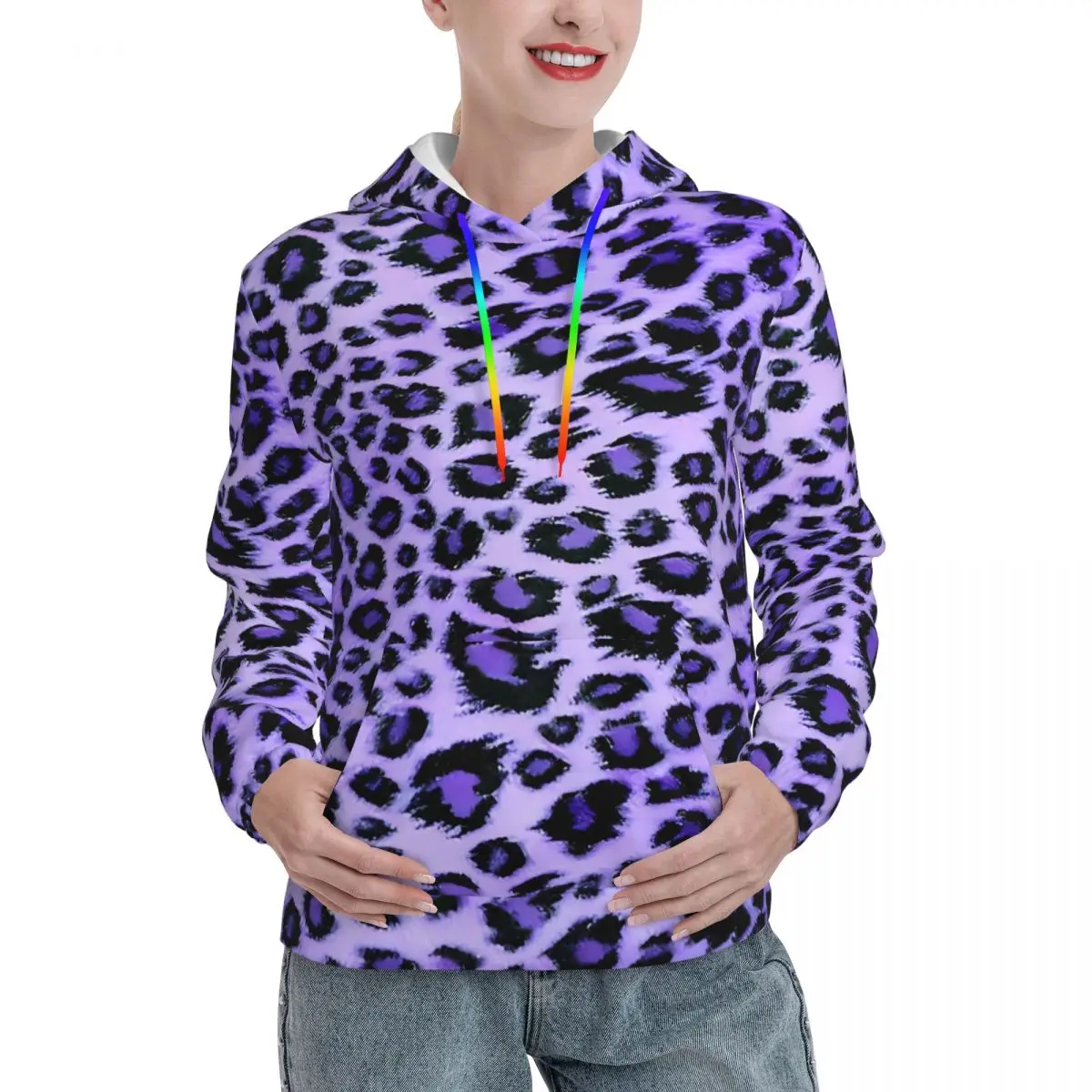 

Purple Leopard Print Casual Hoodies Hip Hop Hooded Sweatshirts Winter Long Sleeve Streetwear Oversized Pullover Hoodie Gift Idea