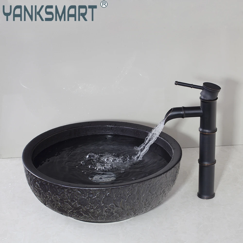 

YANKSMART Bamboo Waterfall Bathroom Faucet Washbasin Ceramics Hand-Painted Lavatory Bath Brass Faucet Mixer Water Tap Combo Kit