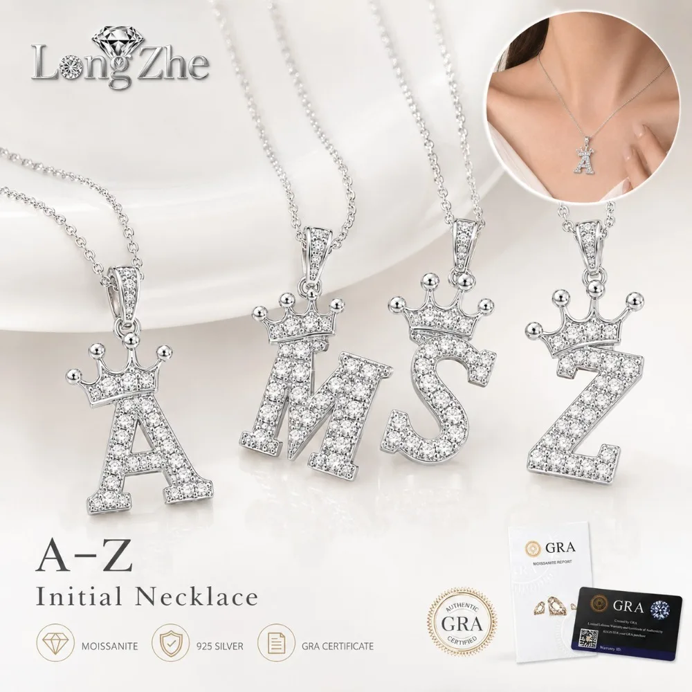 

S925 Silver Moissanite Initial Necklace D Color VVS1 Crown Letter Pendant A-Z For Women Daily Gift Jewelry GRA Included