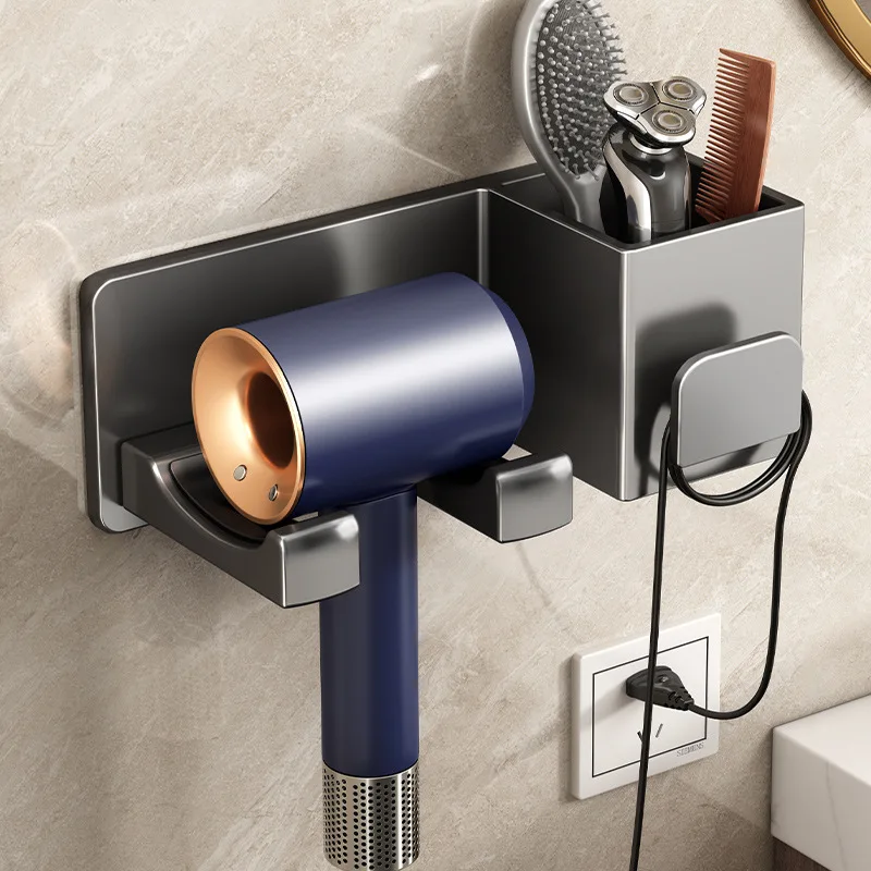 Space Aluminum Hair Dryer Holder No Drill Wall Mount Rack Bathroom Wall Storage Organizer