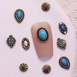 10 Pieces Beauty Retro Nails Charms Jewelry Accessories Vintage Bohemian Metal 3D Nail Art Decoration Rhinestones Turquoise Part