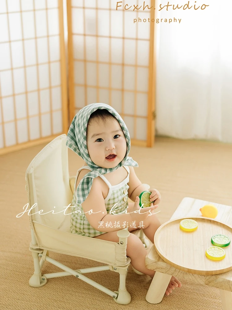 Summer fresh green checkered jumpsuit for boys and girls 100 day old photography clothing, childrens photo props 아기 코스프레