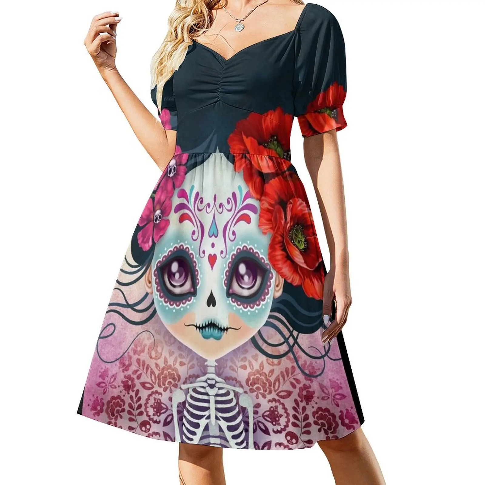 

Amelia Calavera - Sugar Skull Short Sleeved Dress Women's summer dress prom dress