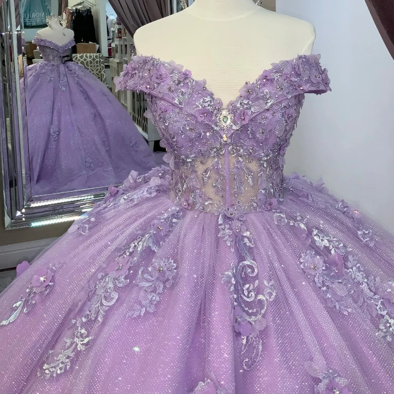 Lavender Shiny V-Neck Quinceanera Dresses Mexican Lace 3DFlower Puffy Ball Gowns Off-Shoulder Applique Lace Luxury Vestidos De