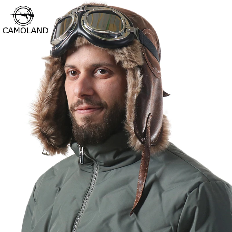 

CAMOLAND Warm Winter Bomber Hats For Women Men Faux Fur Chapka Hat Soviet Badge Russia Outdoor Windproof Goggles Earflap Cap