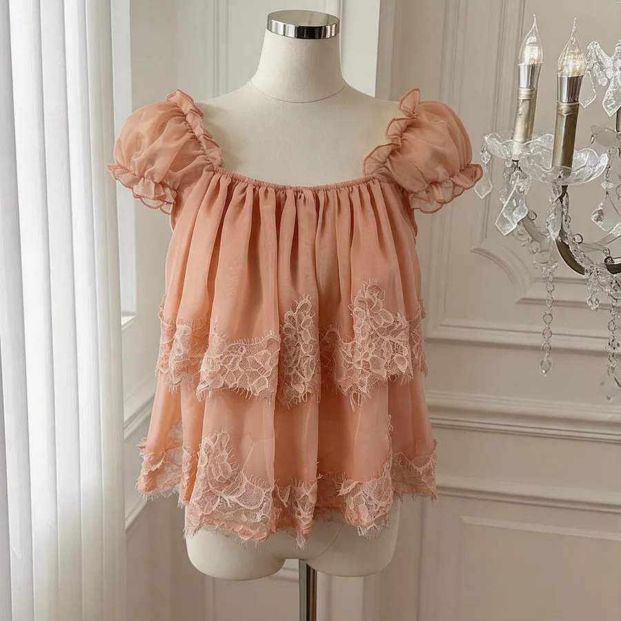 

Chic Lace Splice Shirt Women's Summer New Style Beautiful Unique Slimming Top Korean Style Loose Bubble Sleeve Short Sleeve