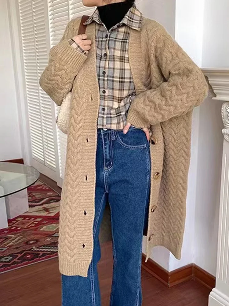 Nowy Jesienno-Zimowy Sweter Płaszcz Damski Casual Luźny Kardigan z Długim Rękawem Dzianinowy Sweter Damski Elegancki Długi Sweter