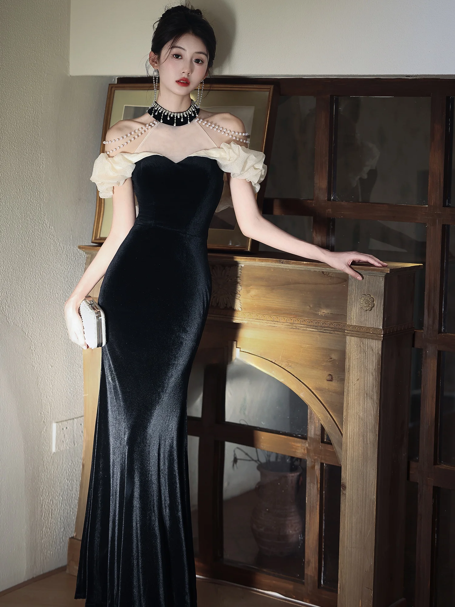 

Ele Velvet Evening Gown Women's Sexy Fi Tail Long Dr Bla Sequin mid Waist Faionable Zipper Sle for Pa...