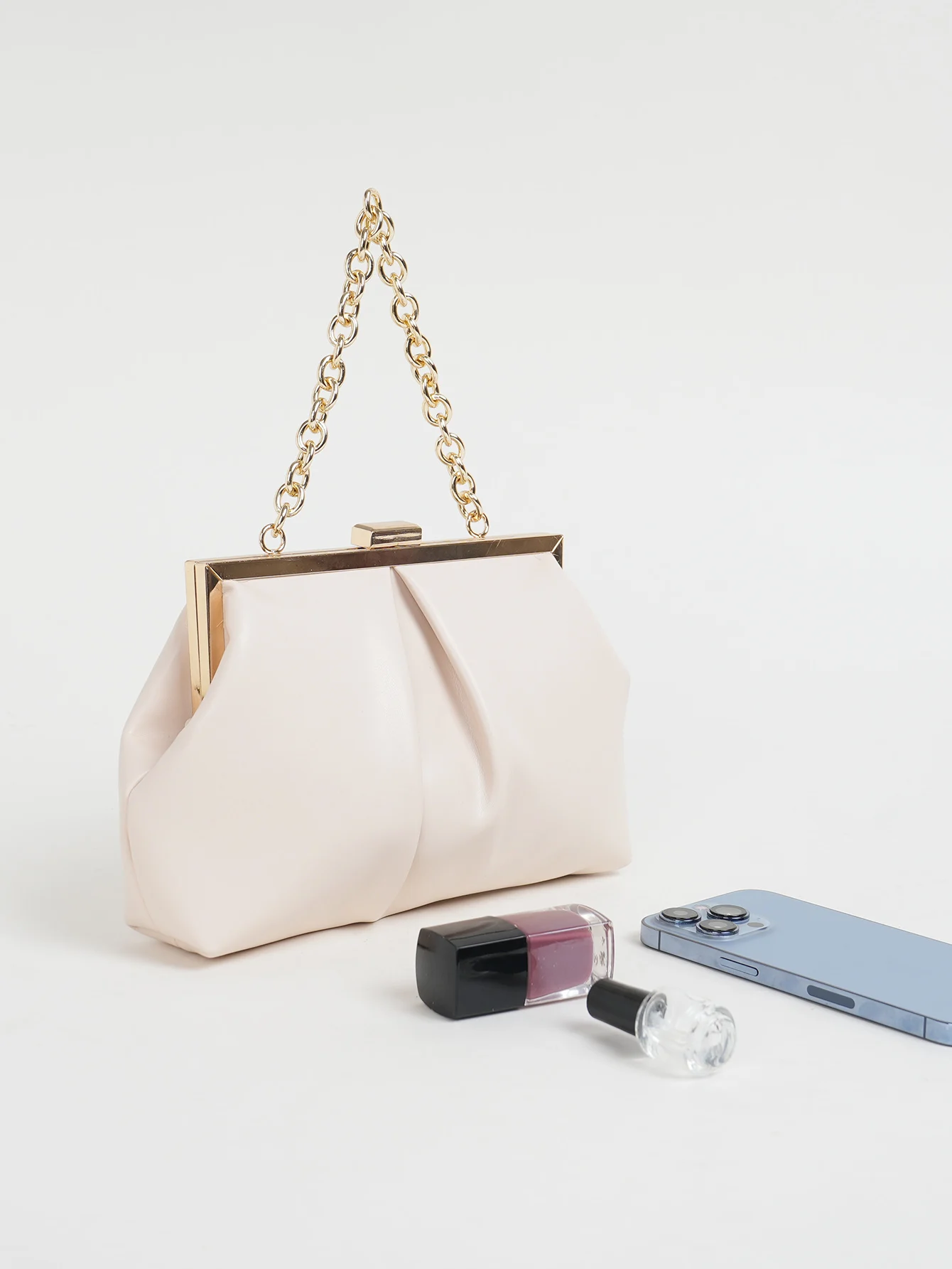 1 Stück Elegante Abendtasche aus Metallic-PU-Leder mit Falten und Kiss-Lock-Verschluss, Glänzender Metallkettenhalter-Rahmen, Crossbody-Clutch-Tasche – Detail 17