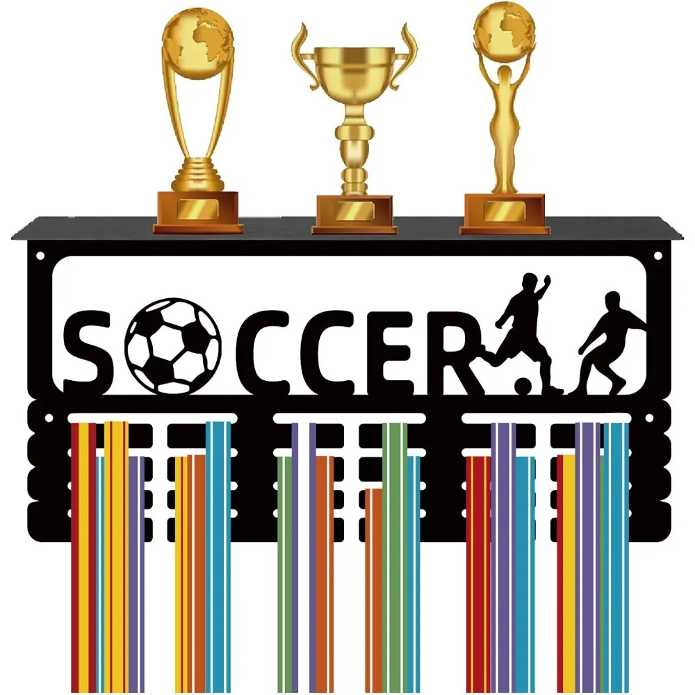 Soccer Medal Holder Trophy Shelf Medal Hanger Display with Shelf Stand Sports 4 Rows Wall Mount Hold 70+ Medals for Women