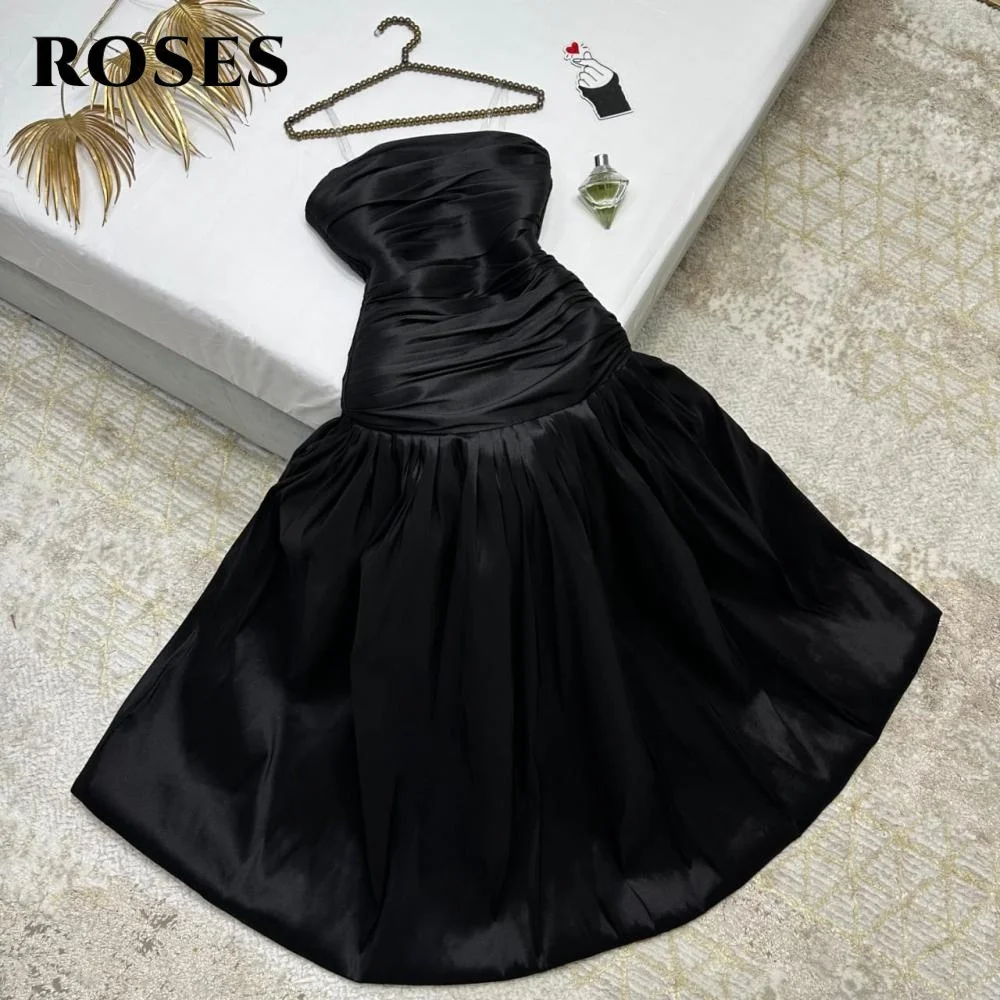 فستان رسمي من الساتان باللون الأسود البسيط من ROSES بطيات على شكل حرف a بدون حمالات وأنيق بدون أكمام من الساتان حسب الطلب #4
