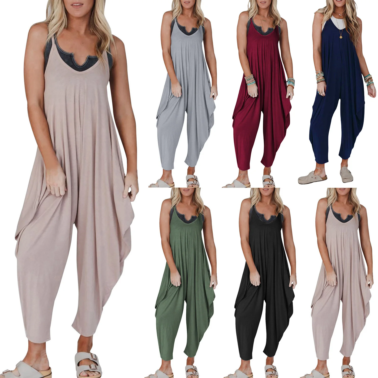 

Women Summer Baggy Suspenders Jumpsuit Fashion Ladies U Neck Backless Sleeveless with Pocket Casual Harem Trousers Romper