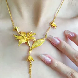 Fashion Horn Flower Tassel Pendants Necklace for Women 18K Yellow Gold Clavicle Chain Trendy Gift Fine Jewelry