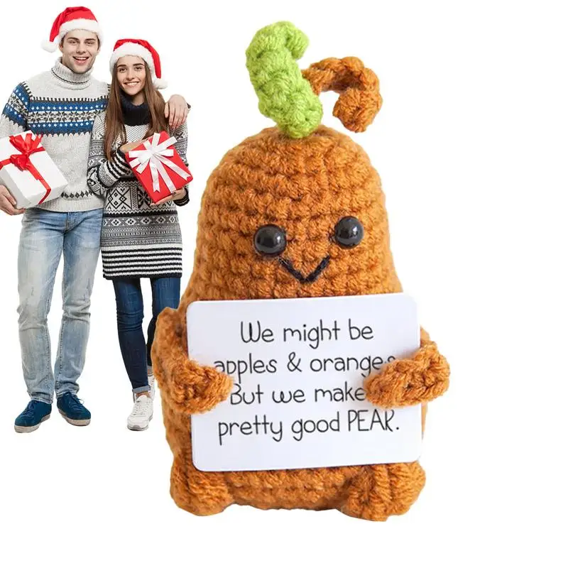 Positive Crochet Fruit Pear Funny Knitted Positive Crochet Doll Hand Woven Cheer Up Gift For Encouragement