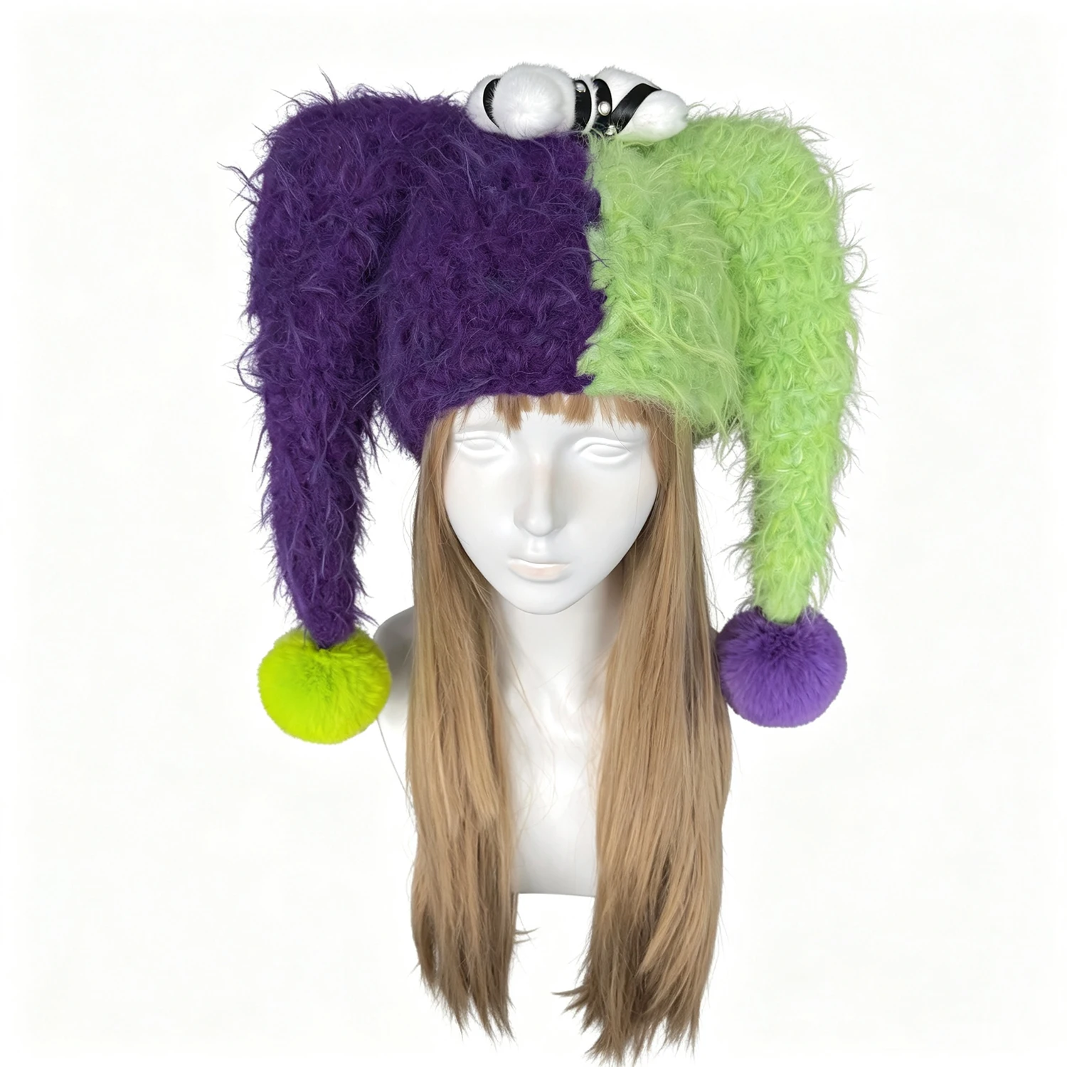 Custom Crochet Fluffy Spiked Pom-Pom Clown Hat Purple Green Jester Headwear Cosplay Party Gothic Halloween Carnival Accessory