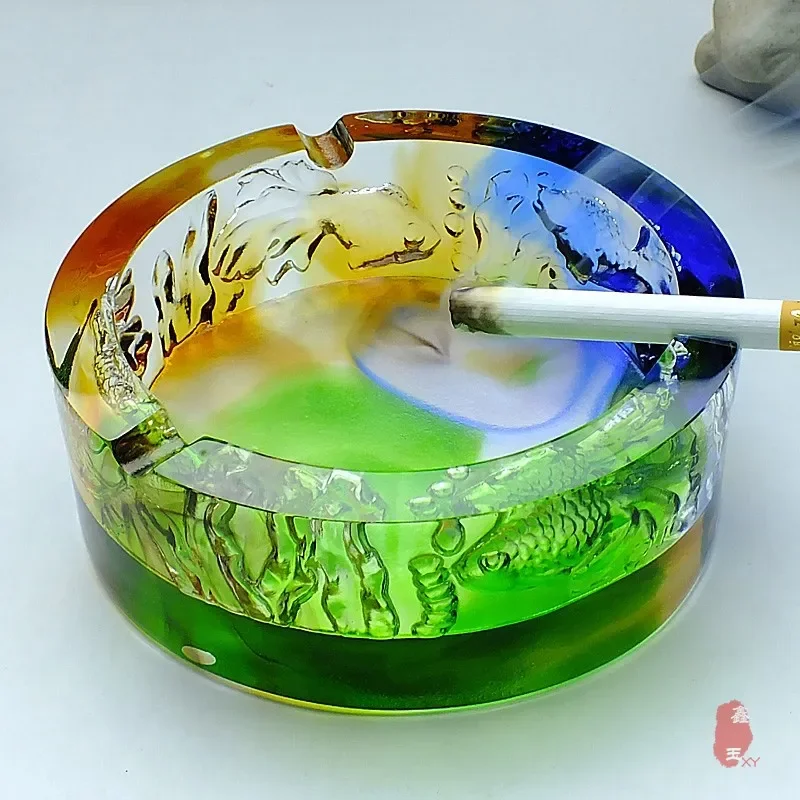 Handmade Ceramic Ashtray with Goldfish and Lotus Design Glazed Ornament for Office Desk Decoration Unique Chinese Style Craft
