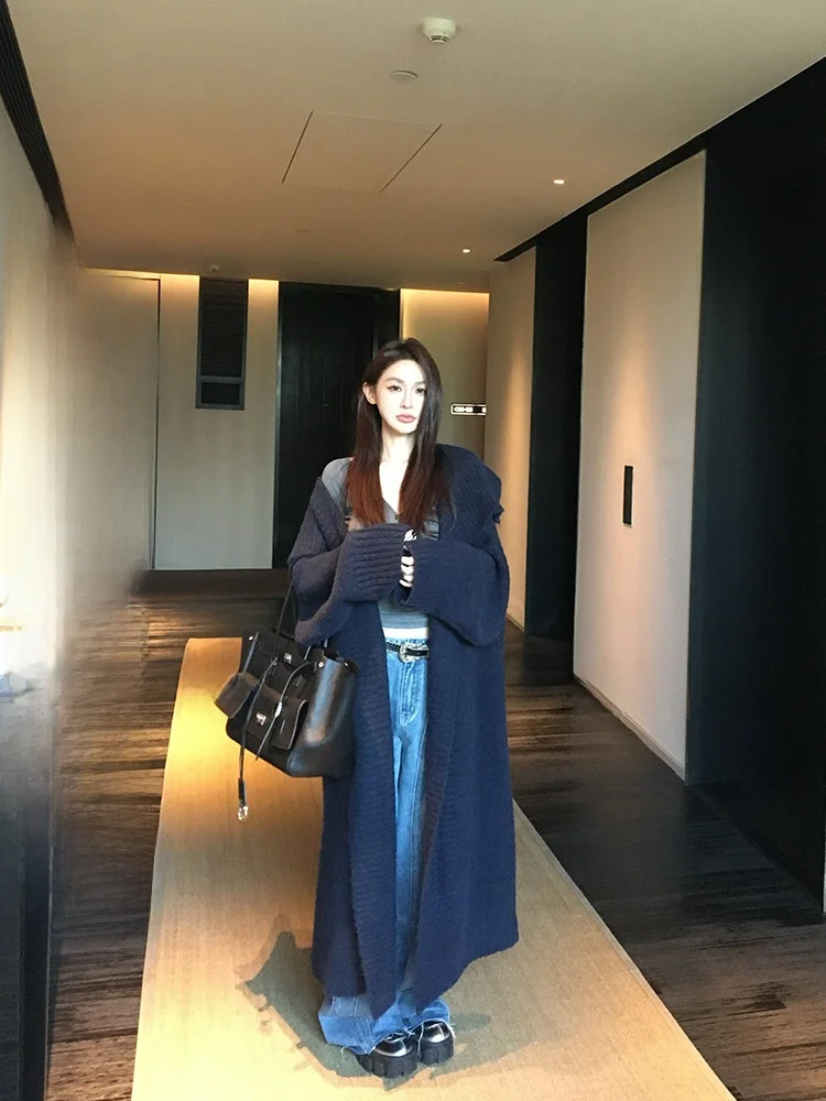 

Женский шерстяной вязаный свитер, повседневный свободный крой, длинный кардиган све, большой воротник, ленивый, осенне-зимний модный