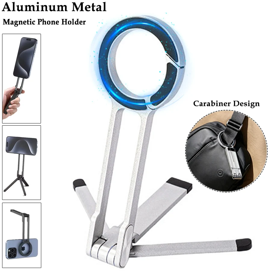Aluminum Metal Tripod Phone Holder Multifunction Folding Pocket Handheld Phone Mount Universal Magnetic Desk Stand for iPhone
