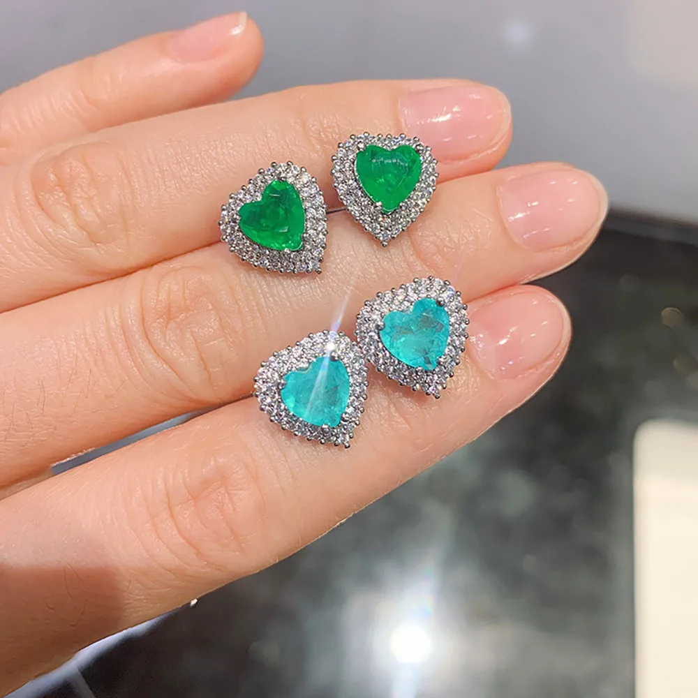 New Fashion Heart-Shaped Paraiba Tourmaline Emerald Stone Earrings For Women Lab Diamonds Earring Fine Jewelry Gift