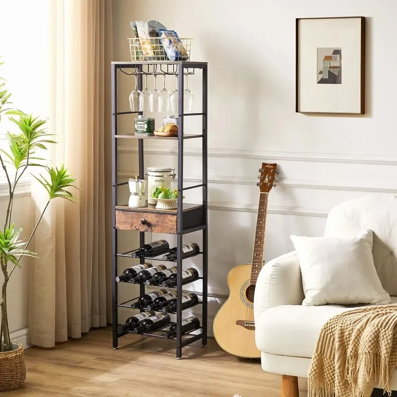 

Wine Rack Freestanding Floor, Bar Cabinet for Liquor and Glasses,4-Tier Wood Coffee Bar Cabinet,Glass Holder and Storage Drawer