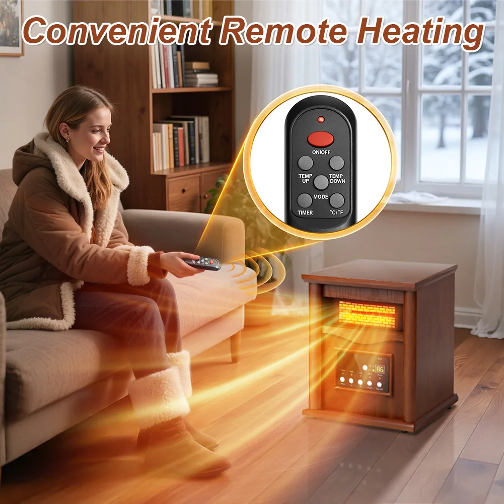 1500W Electric Quartz Heater with Elegant Wood Grain Design, 4 Heating Tubes, ECO Mode, Adjustable Temperature, Remote Control, LED Digital Display, 12-Hour Timer