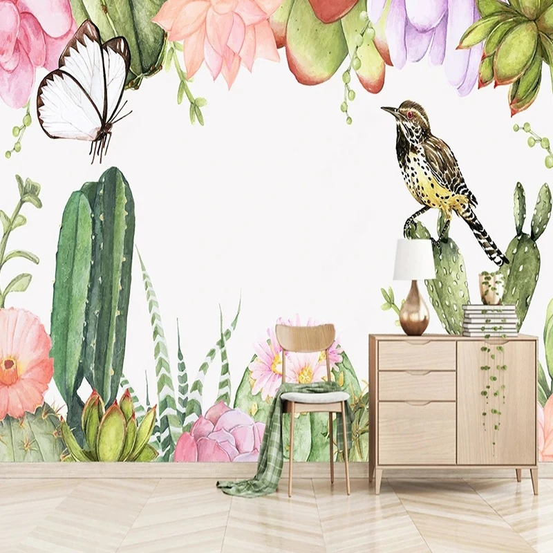 

Custom Wallpaper Murals Nordic Minimalist Watercolor 3D Hand Painted Cactus Flower Butterfly Bird Natural Scenery Wall Papers