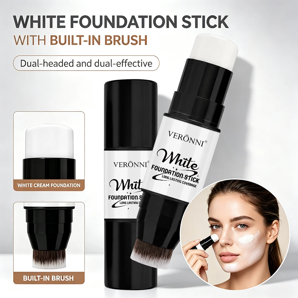2pcs White Foundation Stick Set, Dual-ended Face Paint Stick with Brush, Long Lasting Full Coverage Makeup for Halloween Cosplay