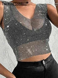 Sexy y2k Summer V Neck See Through fishnet corset crop top women Cover Up bikini Rhinestone mesh Beach party club tank tops 2026