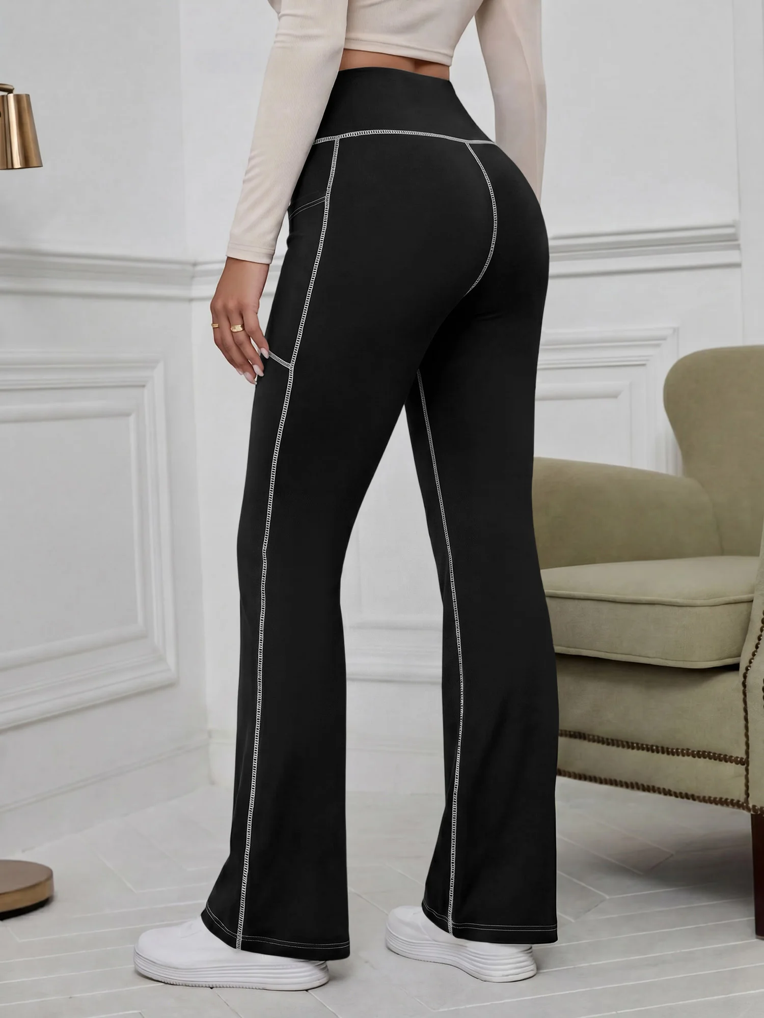 Street Style Contrast Stitching Flared Leg Pants High Rise Hidden Side Pocket Casual Bottoms