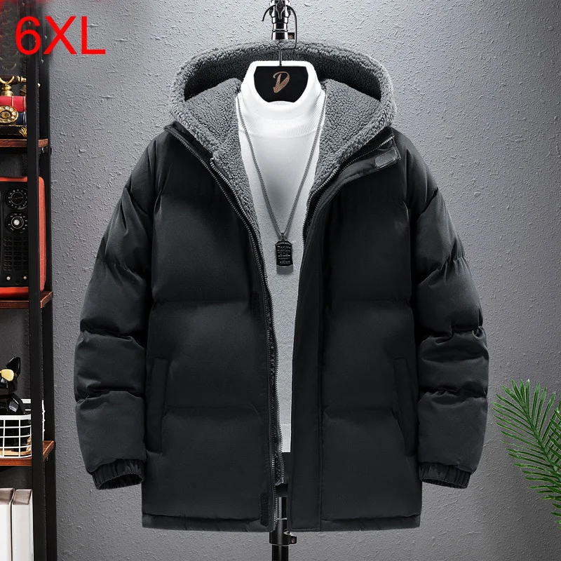 Winter Thick Padded Jacket Coat Men 6XL Plus Size Parkas Fashion Casual Solid Color Hooded Parkas Male Big Size 6XL