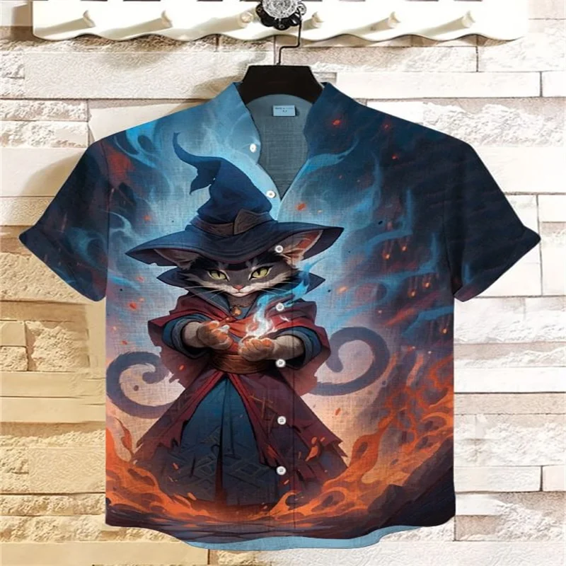 2025 Camicia da uomo casual con stampa per tiro con l'arco, arte del gatto, camicia con stampa magica del gatto nero
