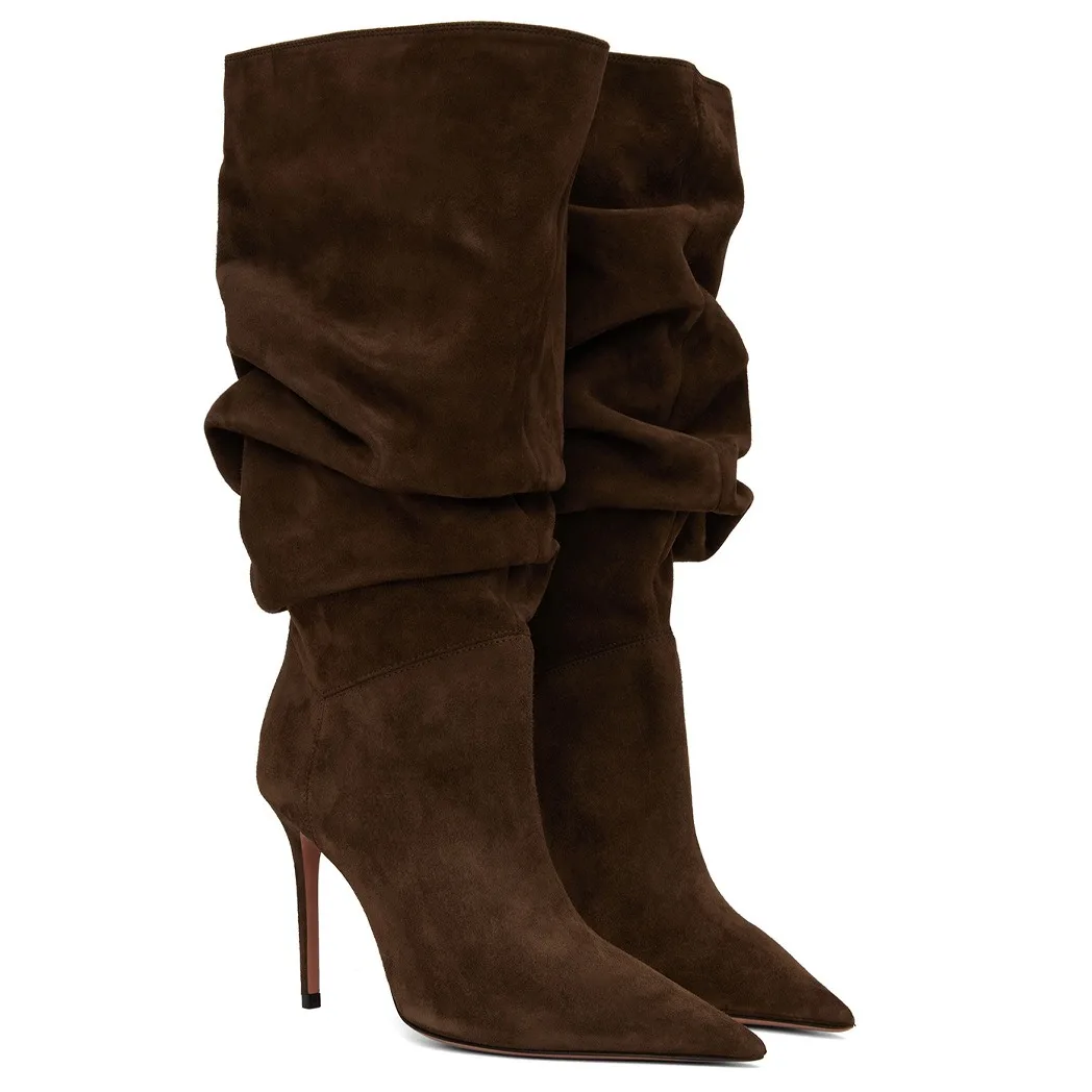 2026 Damen Herbst- und Winterkollektion Neue Plissierte High-Heel-Kurzstiefel mit Spitzer Zehenpartie, Damenstiefel in den Größen 35-47, Mittellange Stiefel