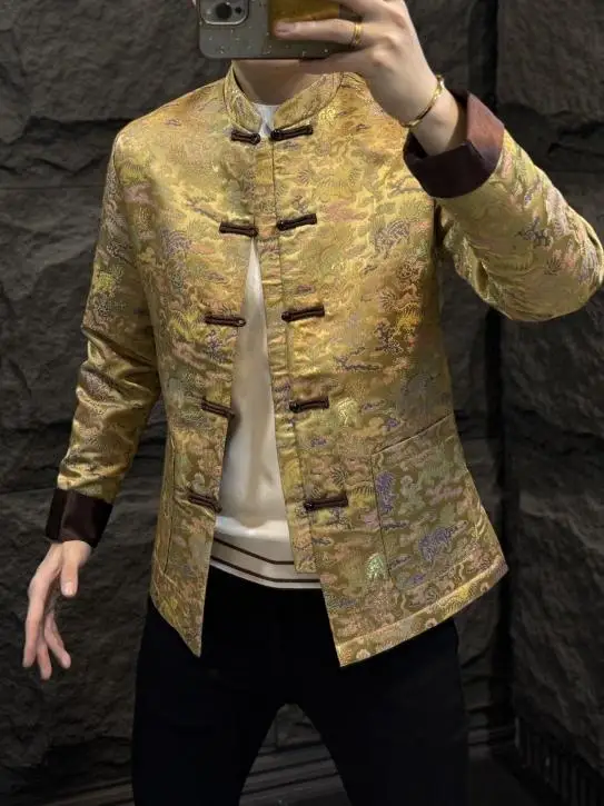 

Ранняя весна, мужской костюм Тан, Джарет, модный, простой, одинаковый, хаоме, национальный тренд, украшенный пуговицами, длинная повседневная одежда