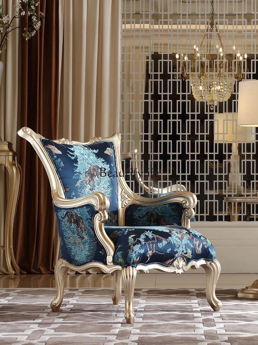 French Entry Lux Palace Wood Carved Fabric Single-Seat Sofa Chair European Style Villa Leisure Master Chair