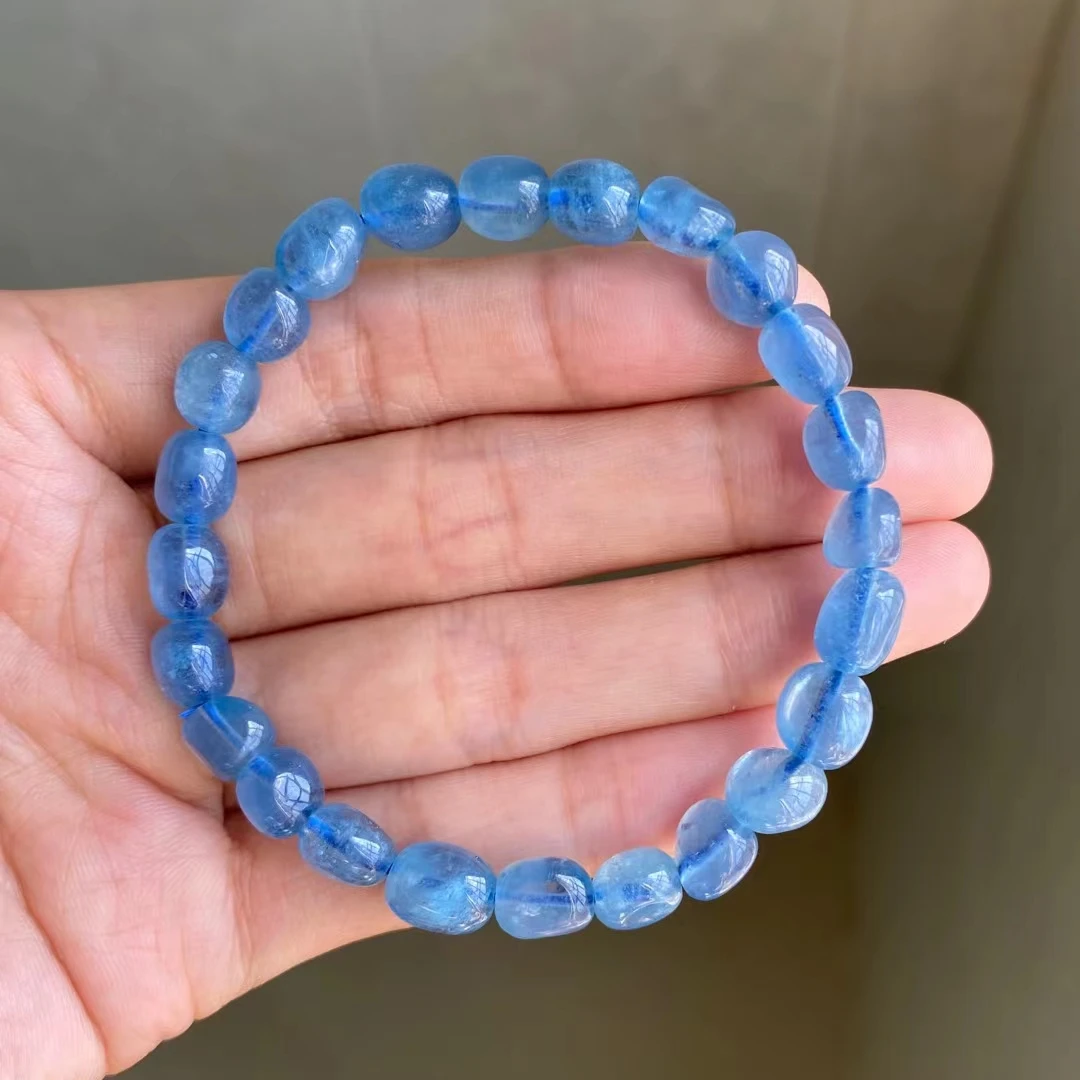 

Natural Blue Aquamarine Oval Beads Bracelet 7.5mm Jewelry Women Men Brazil Stretch Blue Aquamarine Jewelry AAAAA