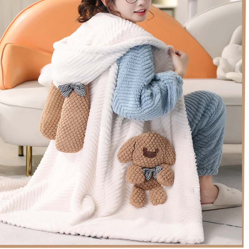 Thickened Warm Winter Flannel Ladies Pajamas Robe Top and Pants Padded Nightwear Cartoon Bear Women's Sleepwear Long Bathrobe