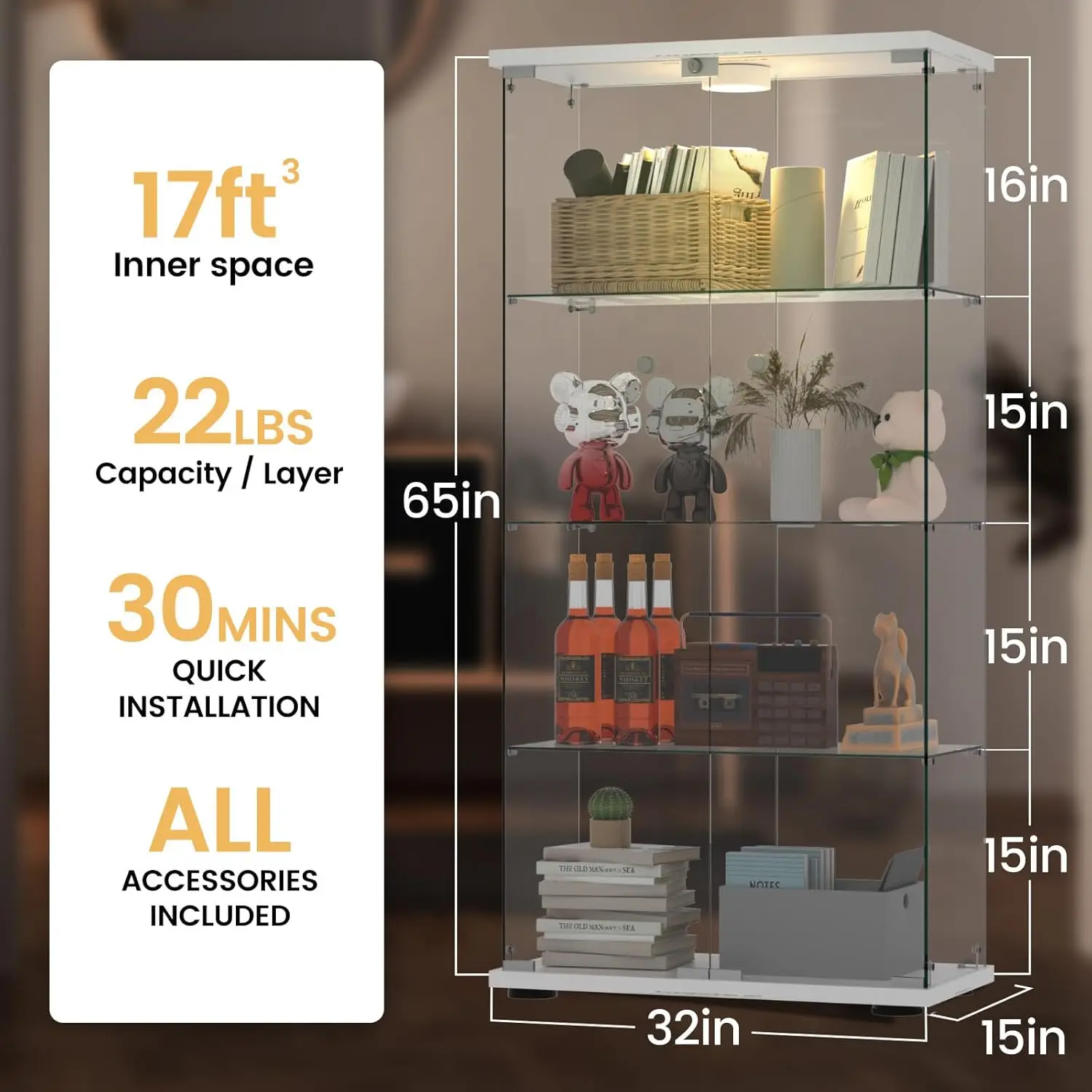 Glass Display Cabinet with LED Push Light, Quick-Install Style 4-Shelf Curio Cabinet - 2 Door Tempered Glass Display Case