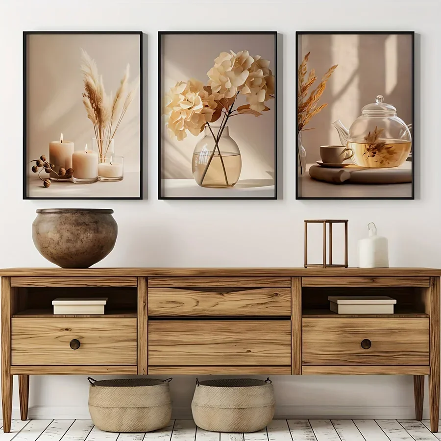 3pcs frameless Canvas Painting Minimalist Beige Flowers Modern Canvas Painting Modern Scenery Gallery Floral Poster Modern Livin