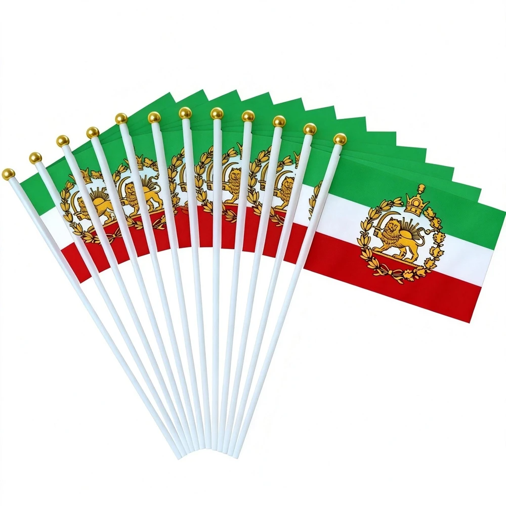 10pcs Iran Flag Hand Waving 14x21cm Historic Lion Crown Banner Old Constitutional Revolution Polyester Flag with Plastic Pole