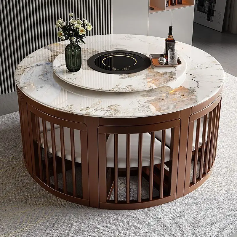 

Marble dining table and chair combination all solid wood household small apartment multi-functional invisible table round table