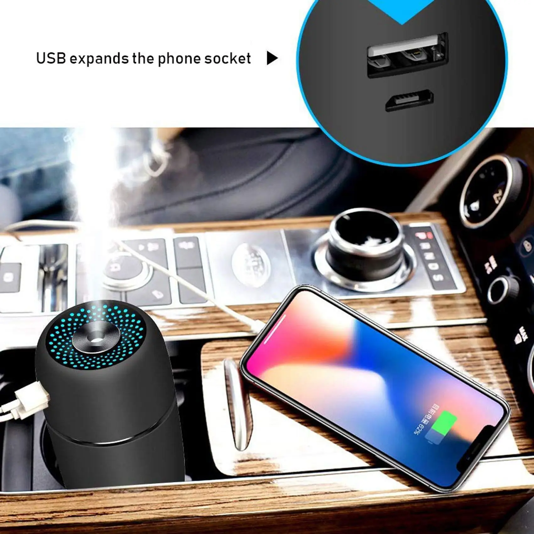 Pelembab udara mobil USB 200Ml, Humidifier portabel Mini dengan 7 warna lampu malam LED, mode kabut yang dapat disesuaikan untuk perjalanan B