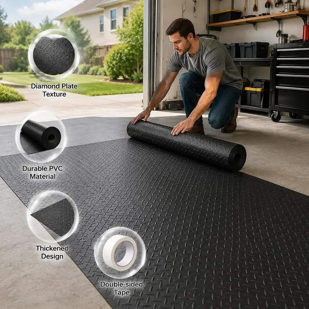 Garage Floor Mat Pyramid Floor Mat, with Double-sided Tape, Easy To Clean Floor Mat, Suitable for Garages, Gyms, Trailers, Black