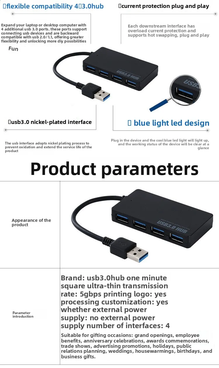 Ultraflacher 4-Port USB 3.0 Hub, Hochgeschwindigkeits-Splitter Eins-zu-Vier für Laptop PC, Stromversorgter USB-Erweiterer – Detail 2