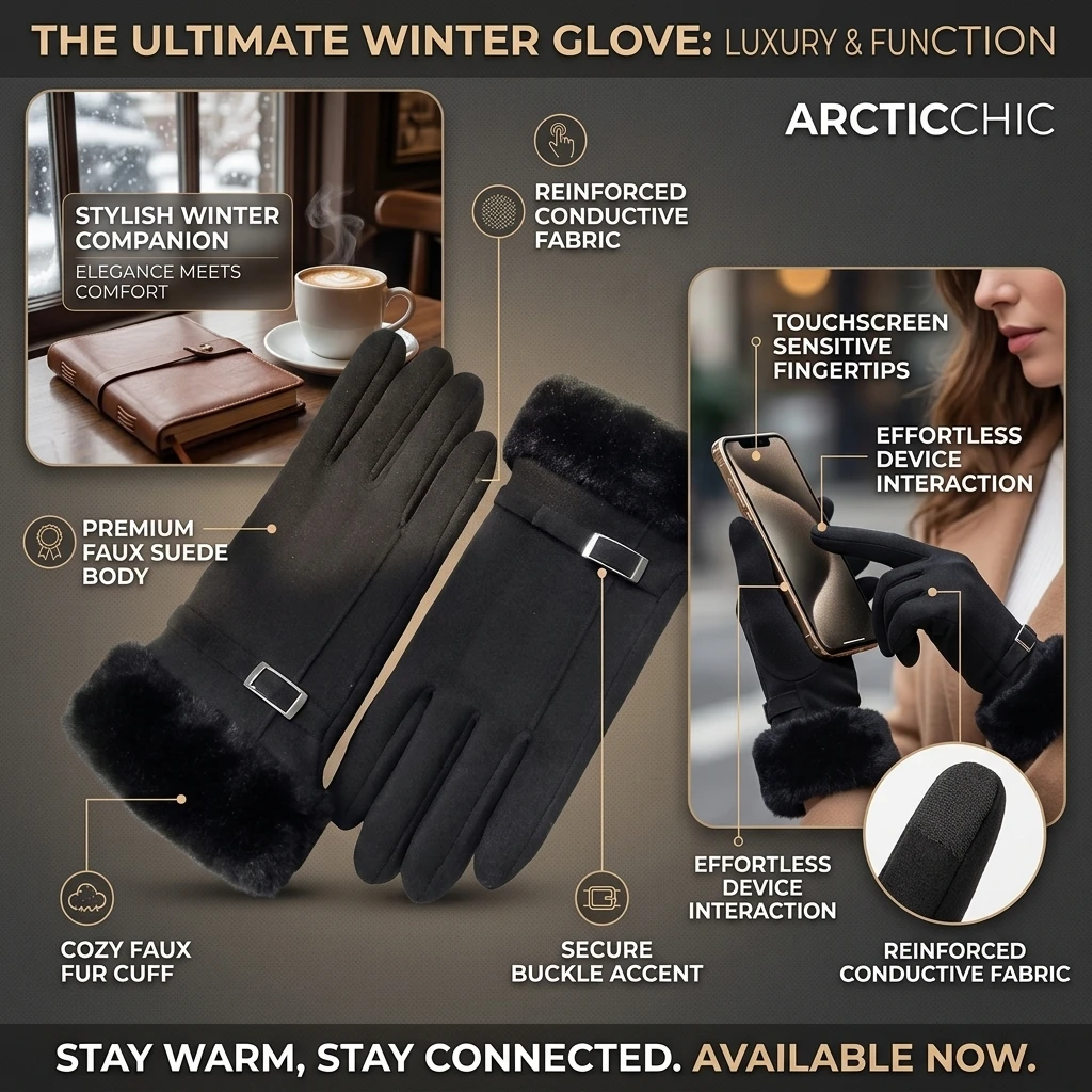 Winter Plush Warm Gloves for Women Thick Touch Screen Metal Buckle Decoration Touch Screen Gloves Windproof Commuting Accessory