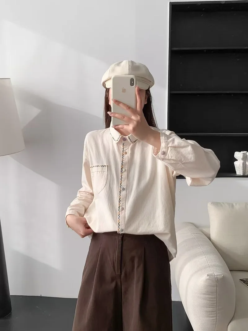 Novo 2026 primavera algodão camisa de manga longa, feminino turn-down colarinho bordado, mori menina estilo preppy chique blusa solta t5d884cc