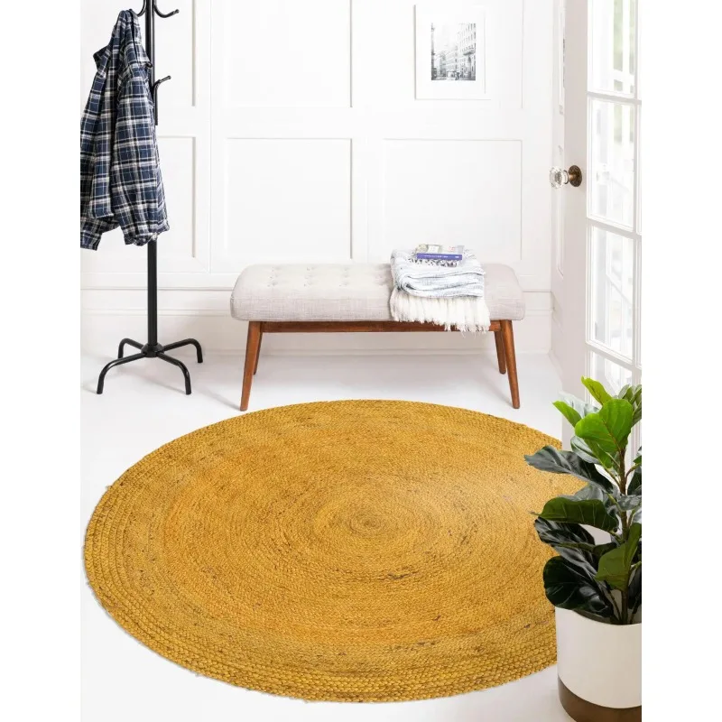 Round Rug Natural Jute Reversible 100%Handmade Yellow Rug Braided Home Decor Rag