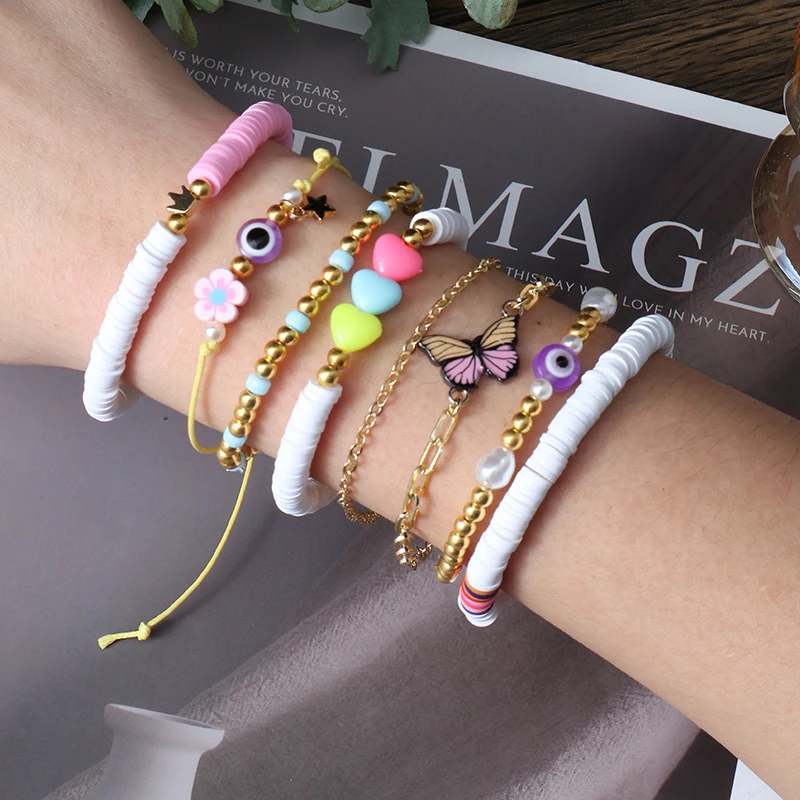 HI MAN-Bohemian Style White Soft Pottery Butterfly Heart Crown Star Bracelets Friendship Gifts Fashion Jewelry 8 Pcs/Set