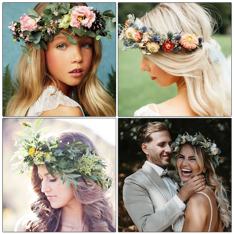 AWAYTR Camellia Flowers Wreath Crown Festival Green Leaf Headband Girl Floral Garland Wedding Floral Women Hair Accessories