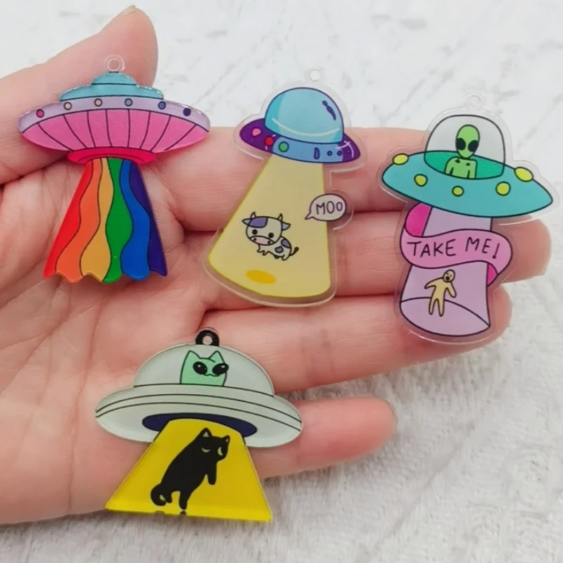 10pcs acrylic alien spaceship pendant, DIY jewelry making earrings necklace keychain accessories