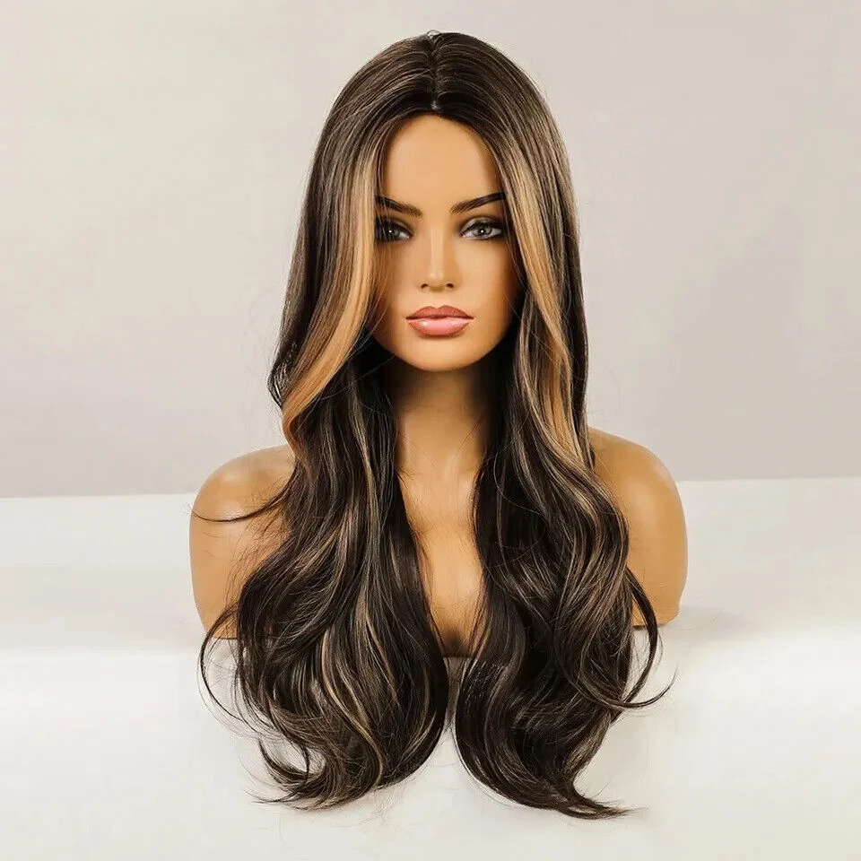 Long Ombre Black Brown with Blonde Highlights Wavy Synthetic Hair Wigs for Women